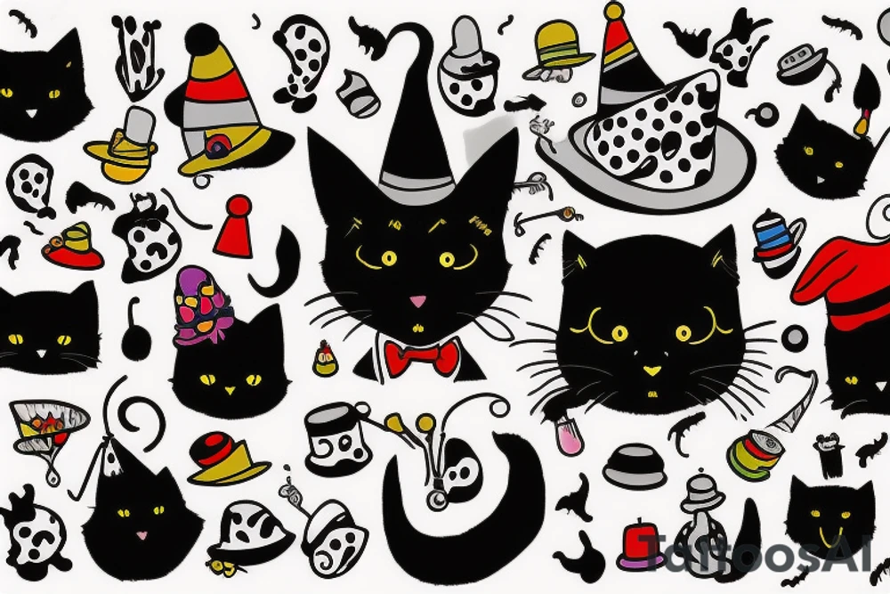 a black cat with a funny hat and a sweater, doing a magic trick tattoo idea