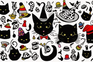 a black cat with a funny hat and a sweater, doing a magic trick tattoo idea