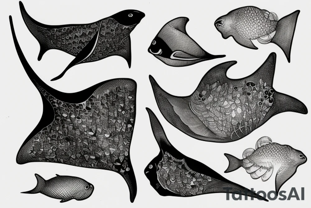 Manta ray with fish underwater tattoo idea