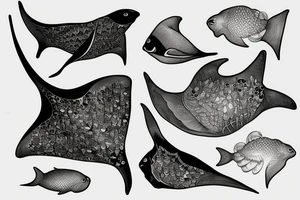Manta ray with fish underwater tattoo idea