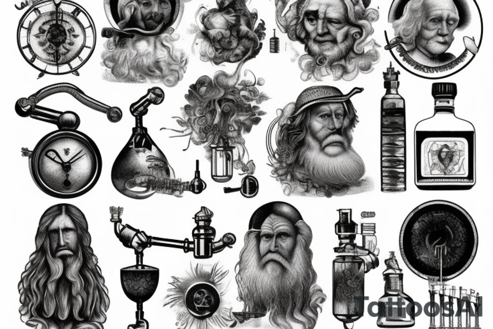 Old world Distillation artwork and symbols tattoo idea Old world Distillation artwork and symbols tattoo idea