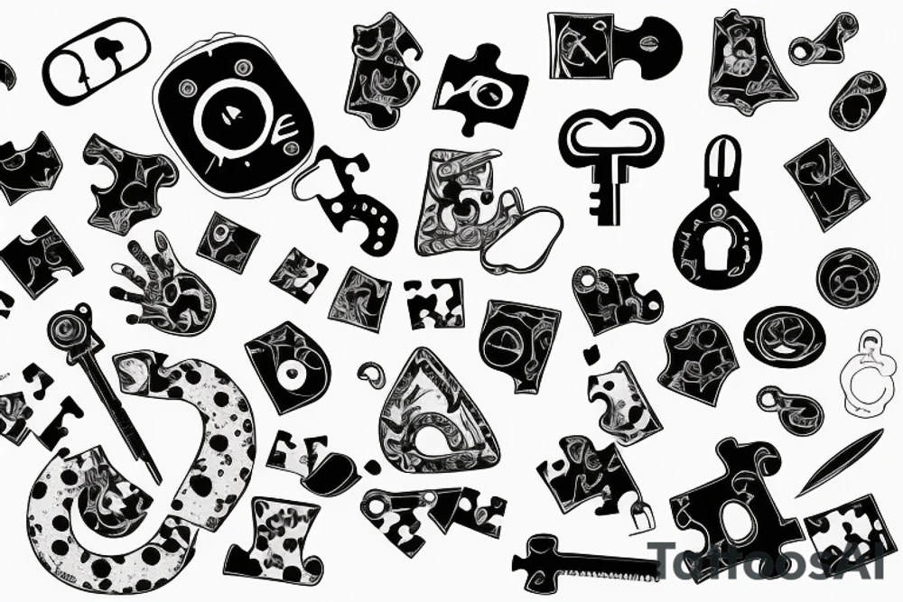 puzzle shapped pad lock, 3 keys, blood tattoo idea