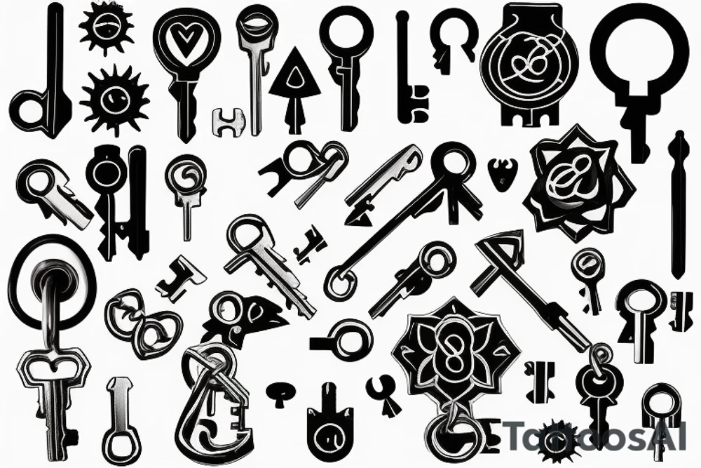 puzzle shapped pad lock, 3 keys, blood tattoo idea