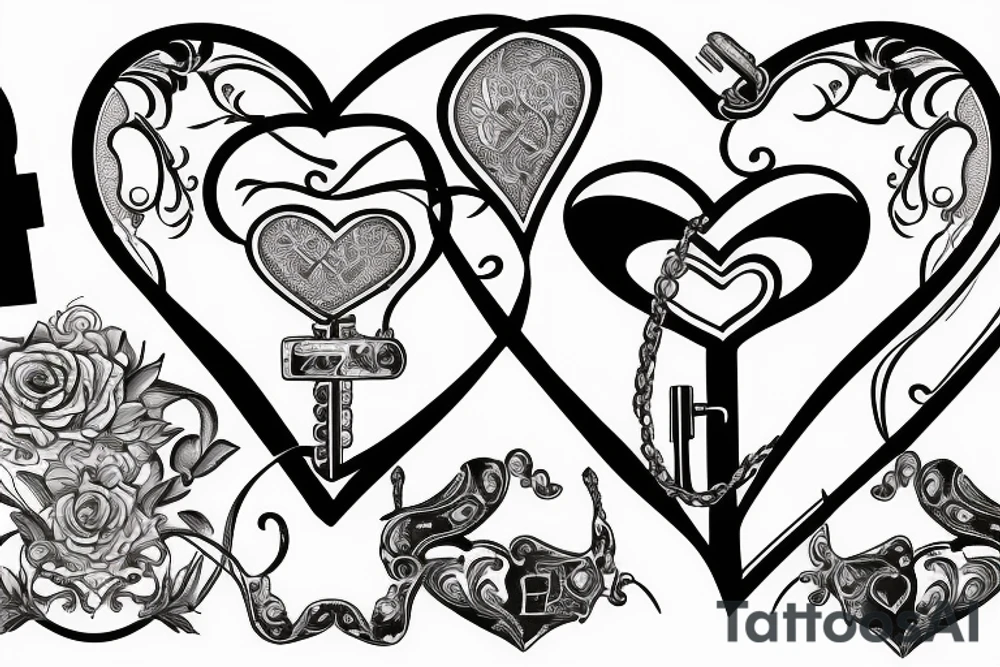 Heart shaped pad lock, with three keys, tattoo idea