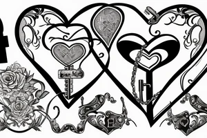 Heart shaped pad lock, with three keys, tattoo idea