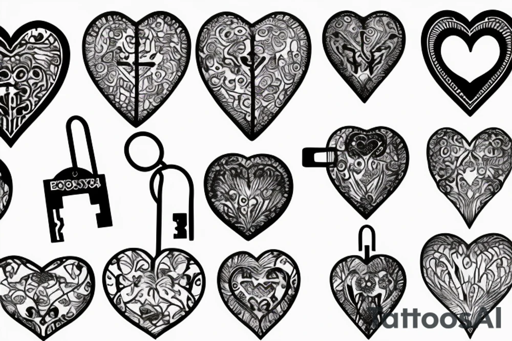 Heart shaped pad lock, with three keys, tattoo idea