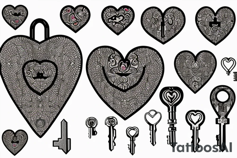 Heart shaped pad lock, with three keys, tattoo idea