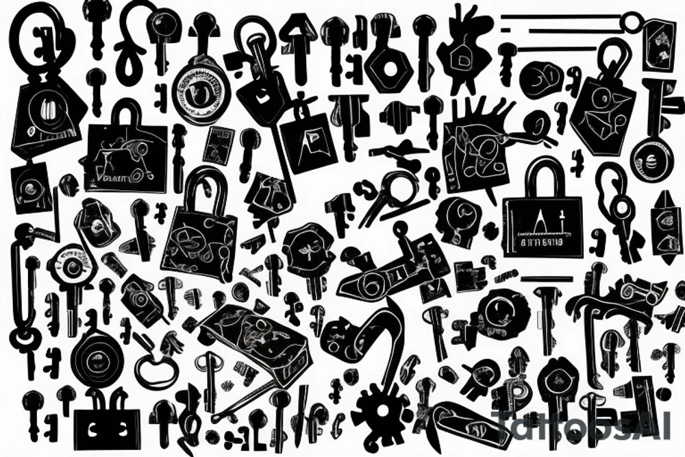 puzzle shapped pad lock, 3 keys, blood tattoo idea