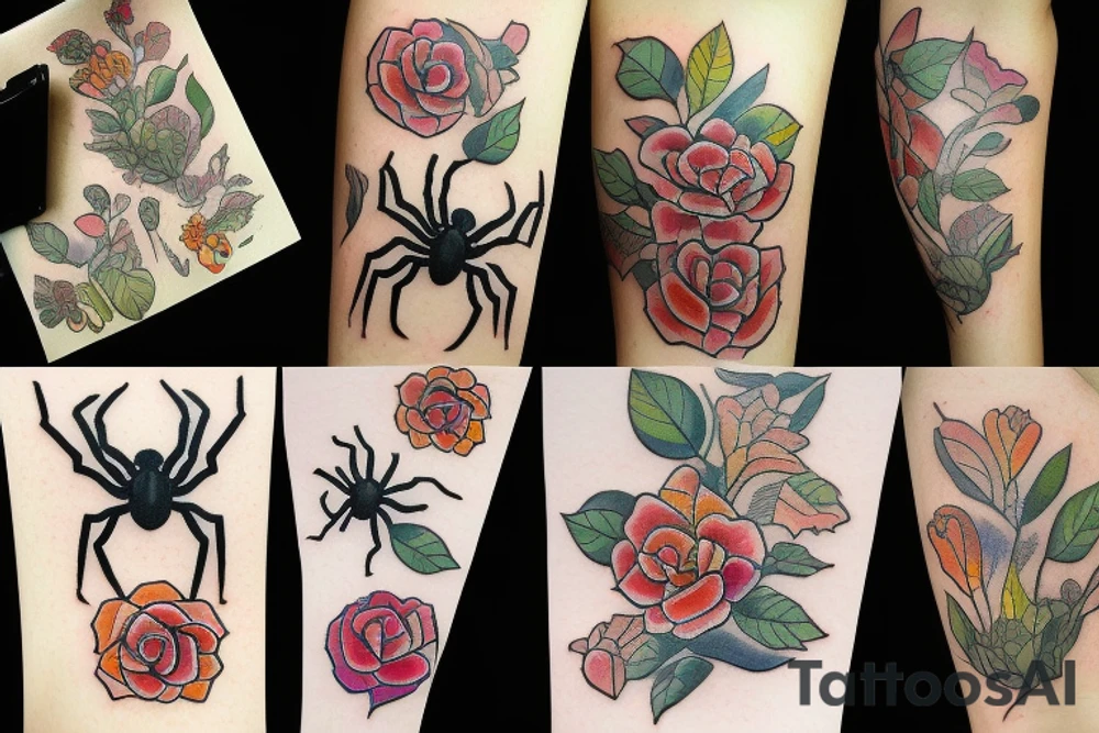 spiders on flowers tattoo idea