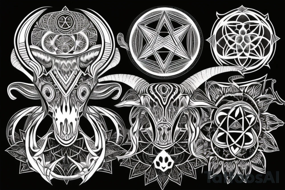 goat skull in front of sacred geometry background tattoo idea