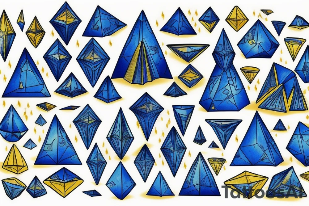 Solid blue pyramids with the tops all made of gold tattoo idea