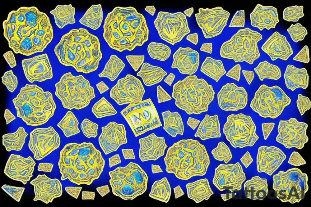A sheet of blue lsd gel tabs with gold flake sprinkled on top tattoo idea