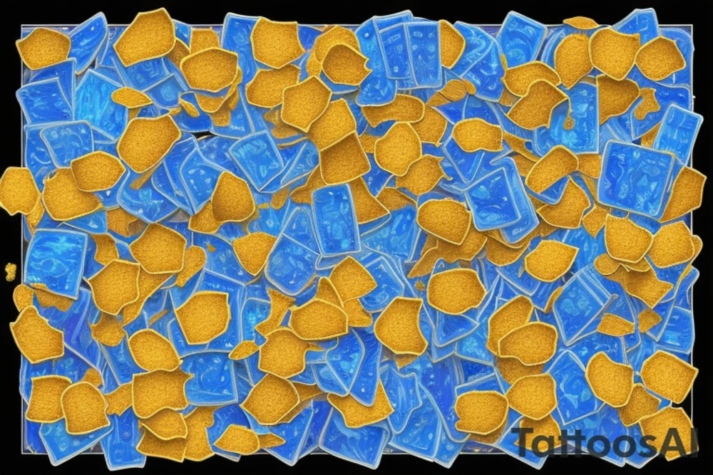 A sheet of blue lsd gel tabs with gold flake sprinkled on top tattoo idea