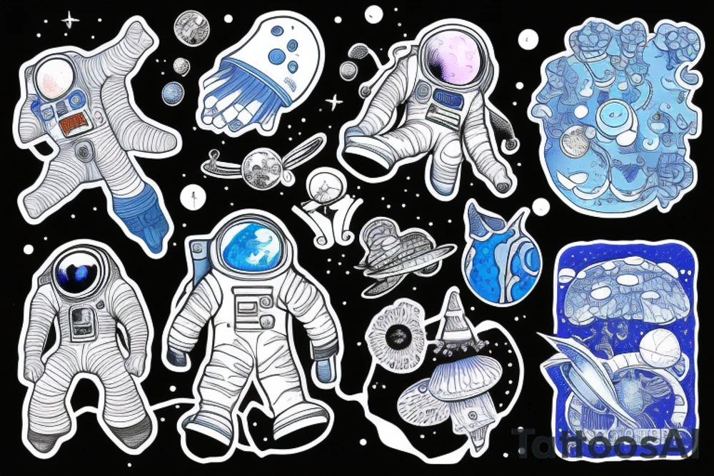 A blue astronaut exploring a planet made of mushrooms tattoo idea
