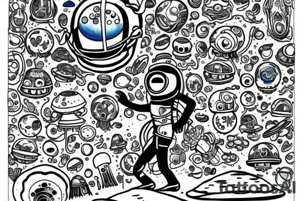 A blue astronaut exploring a planet made of mushrooms tattoo idea