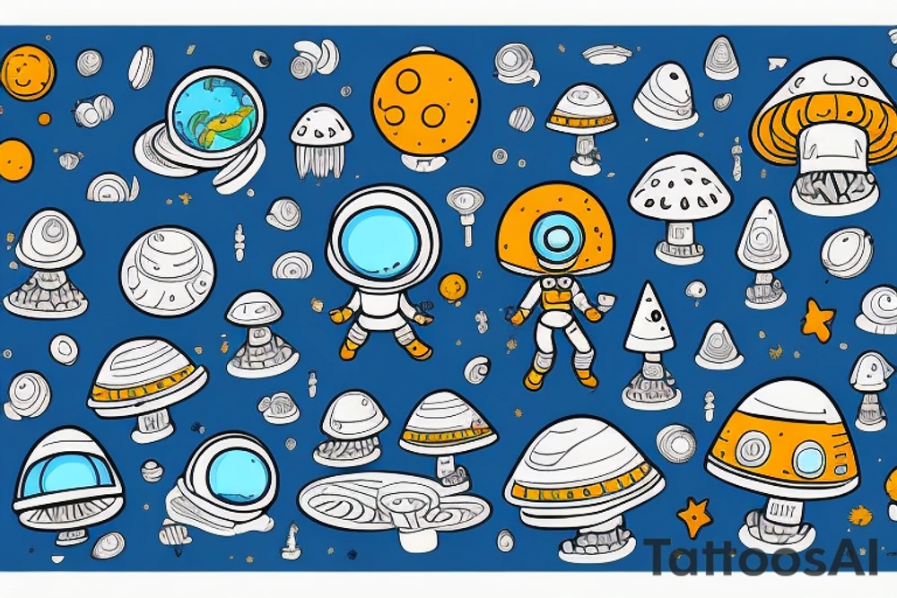 A blue astronaut exploring a planet made of mushrooms tattoo idea