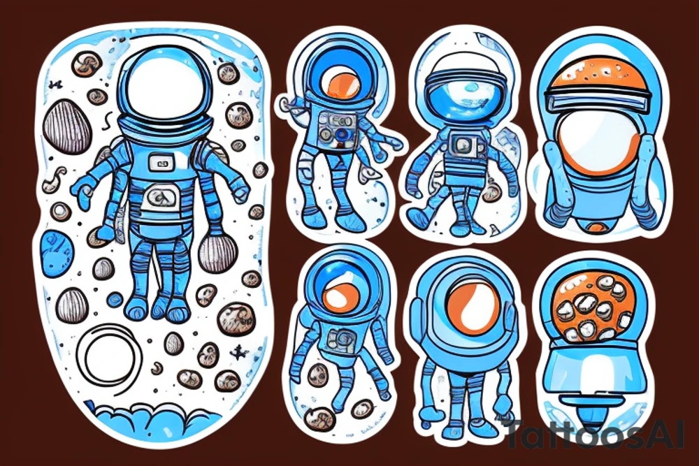 A blue astronaut exploring a planet made of mushrooms tattoo idea