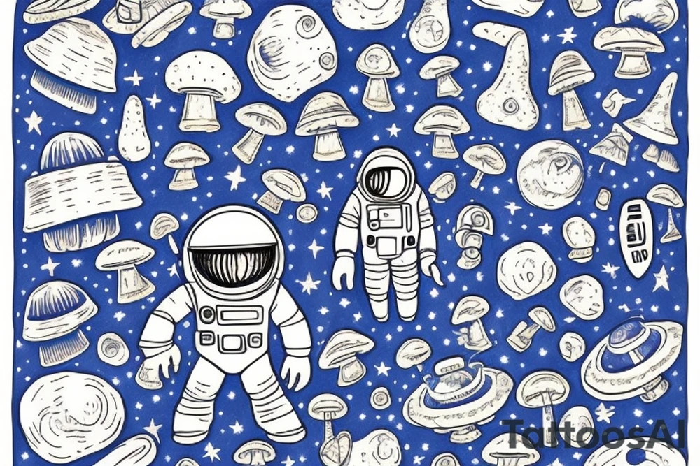 A blue astronaut exploring a planet made of mushrooms tattoo idea