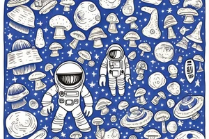 A blue astronaut exploring a planet made of mushrooms tattoo idea