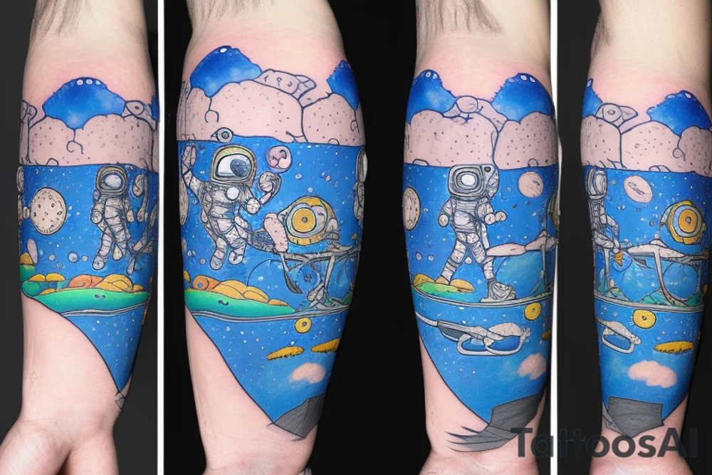 A blue astronaut exploring a planet made of mushrooms tattoo idea