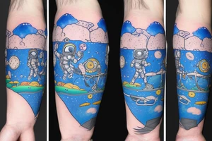 A blue astronaut exploring a planet made of mushrooms tattoo idea