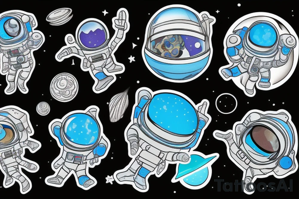 A blue astronaut exploring a planet made of mushrooms tattoo idea