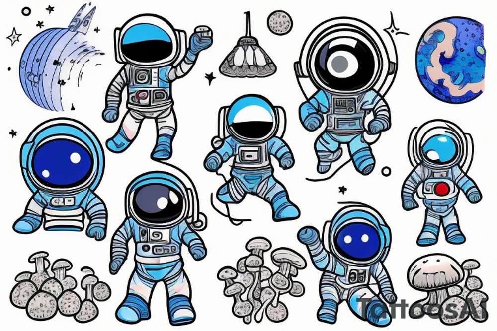 A blue astronaut exploring a planet made of mushrooms tattoo idea