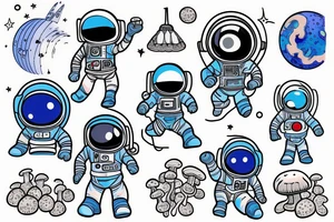 A blue astronaut exploring a planet made of mushrooms tattoo idea