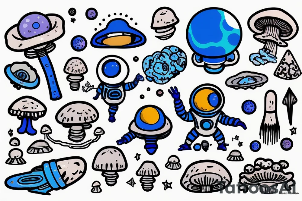 A blue astronaut exploring a planet made of mushrooms tattoo idea