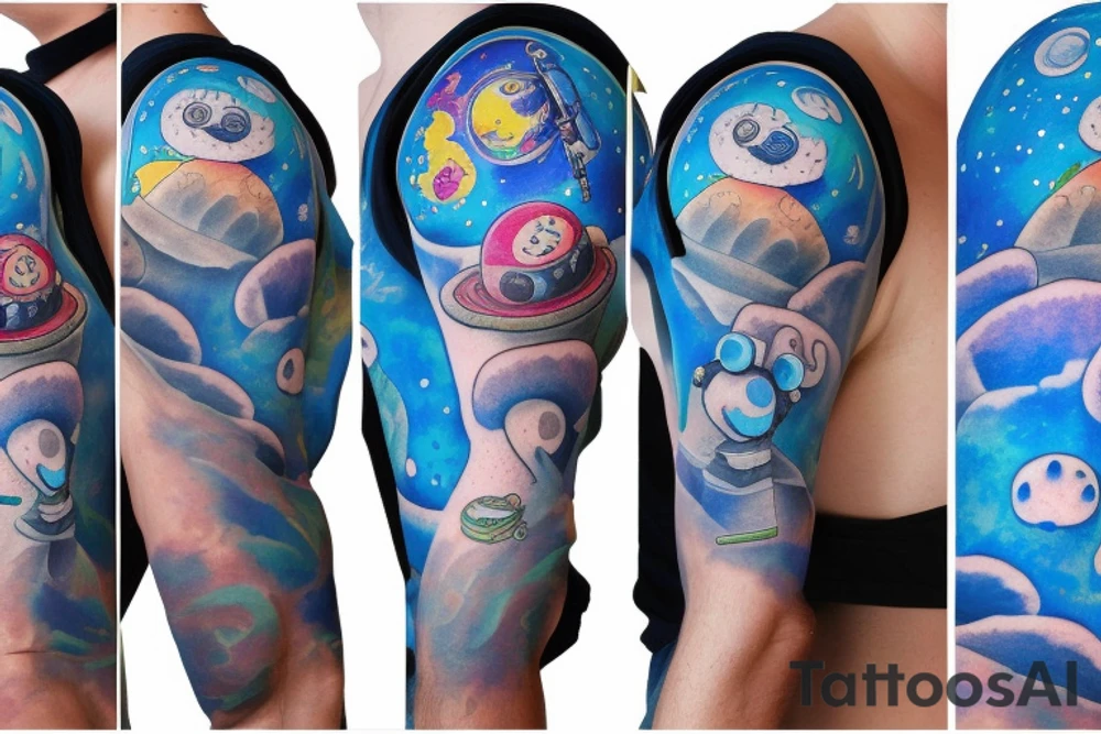 A blue astronaut exploring a planet made of mushrooms tattoo idea