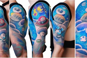 A blue astronaut exploring a planet made of mushrooms tattoo idea