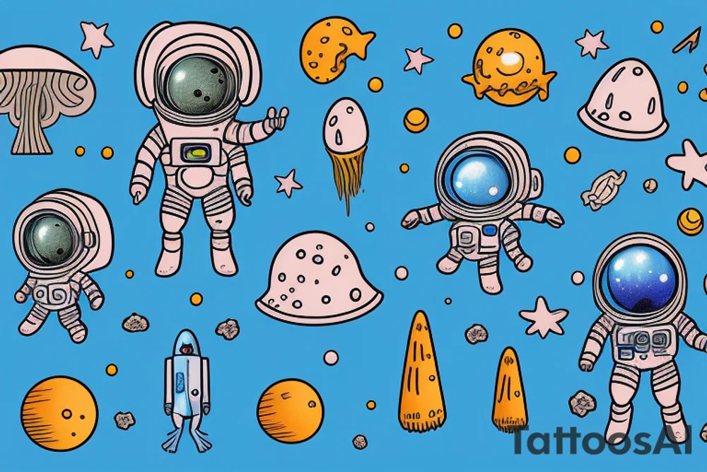 A blue astronaut exploring a planet made of mushrooms tattoo idea
