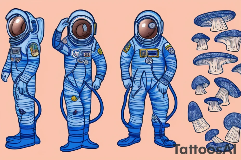An astronaut wearing an all blue space suit exploring a planet made of mushrooms tattoo idea