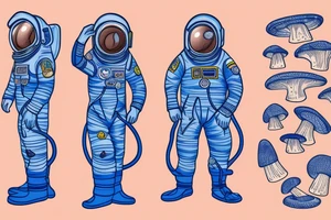 An astronaut wearing an all blue space suit exploring a planet made of mushrooms tattoo idea