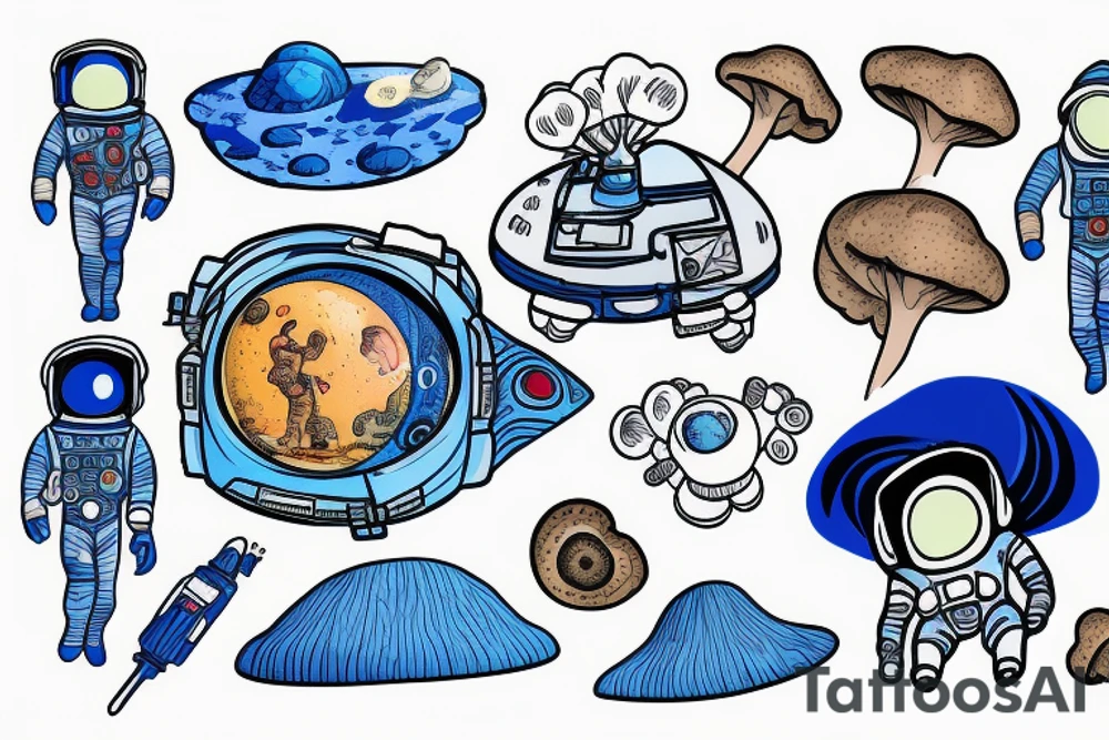 An astronaut wearing an all blue space suit exploring a planet made of mushrooms tattoo idea