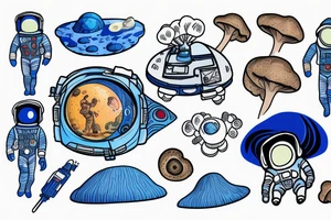 An astronaut wearing an all blue space suit exploring a planet made of mushrooms tattoo idea