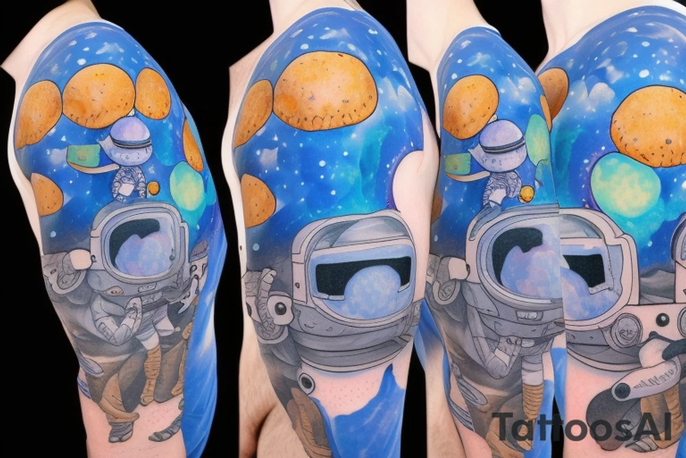 An astronaut wearing an all blue space suit exploring a planet made of mushrooms tattoo idea