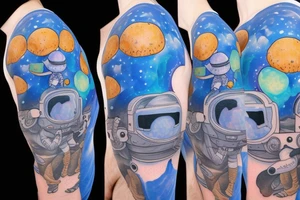 An astronaut wearing an all blue space suit exploring a planet made of mushrooms tattoo idea