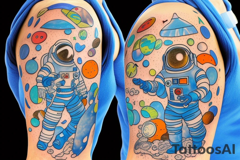 An astronaut wearing an all blue space suit exploring a planet made of mushrooms tattoo idea