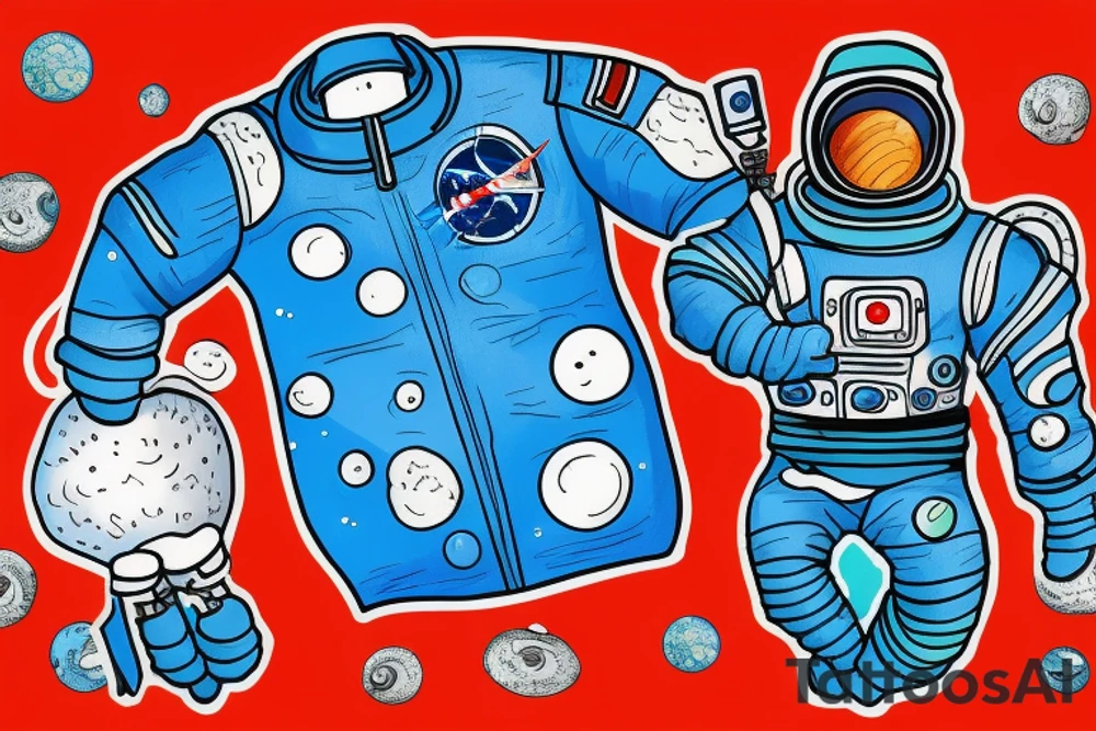 An astronaut wearing an all blue space suit exploring a planet made of mushrooms tattoo idea