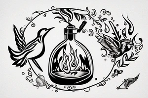 a distillation flask with fire inside and a bird trying to fly out tattoo idea