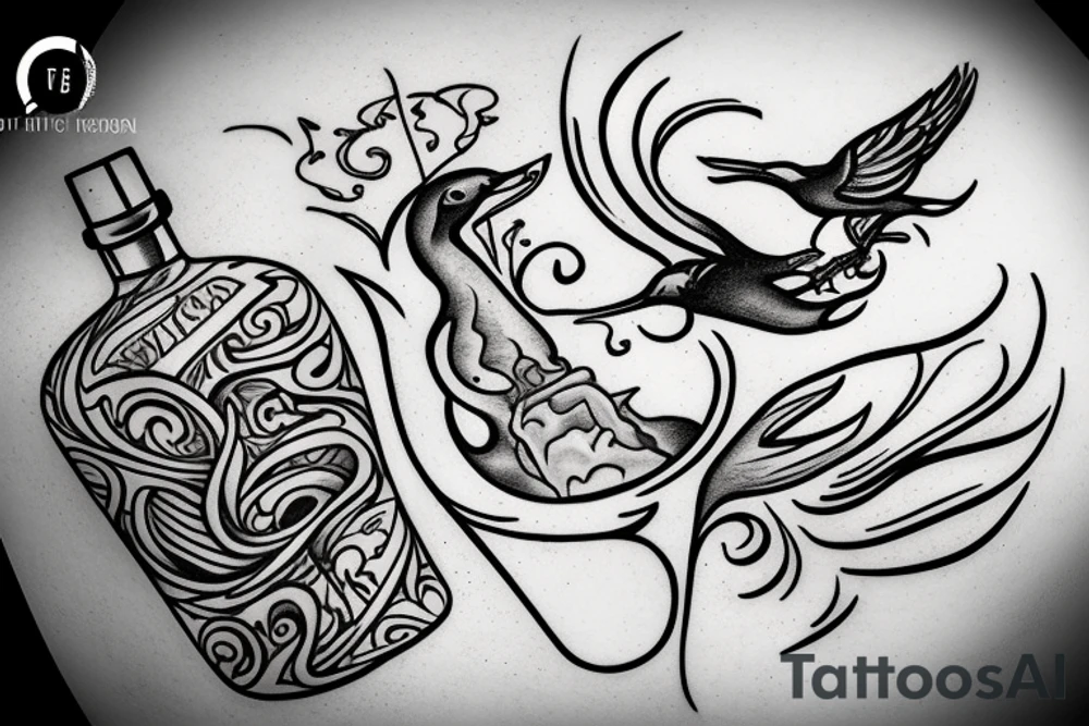 a distillation flask with fire inside and a bird trying to fly out tattoo idea