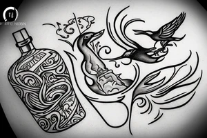 a distillation flask with fire inside and a bird trying to fly out tattoo idea