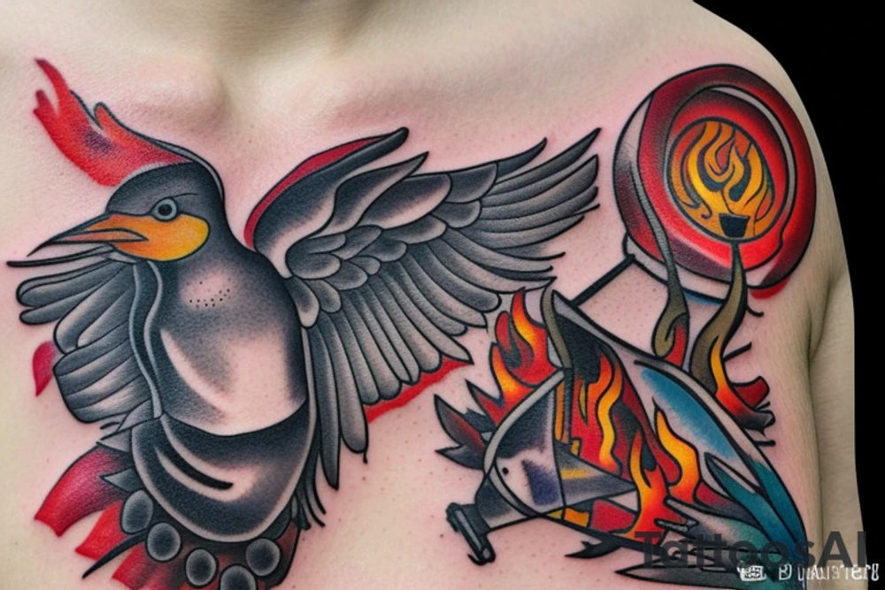 a distillation flask with fire inside and a bird trying to fly out tattoo idea