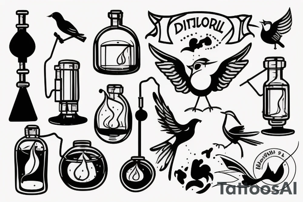 a distillation flask with fire inside and a bird trying to fly out tattoo idea