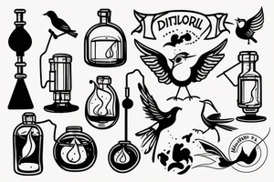 a distillation flask with fire inside and a bird trying to fly out tattoo idea