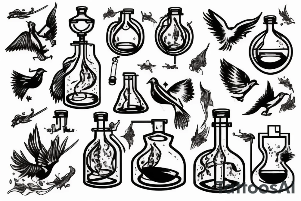 a distillation flask with fire inside and a bird trying to fly out tattoo idea