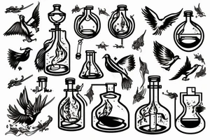 a distillation flask with fire inside and a bird trying to fly out tattoo idea