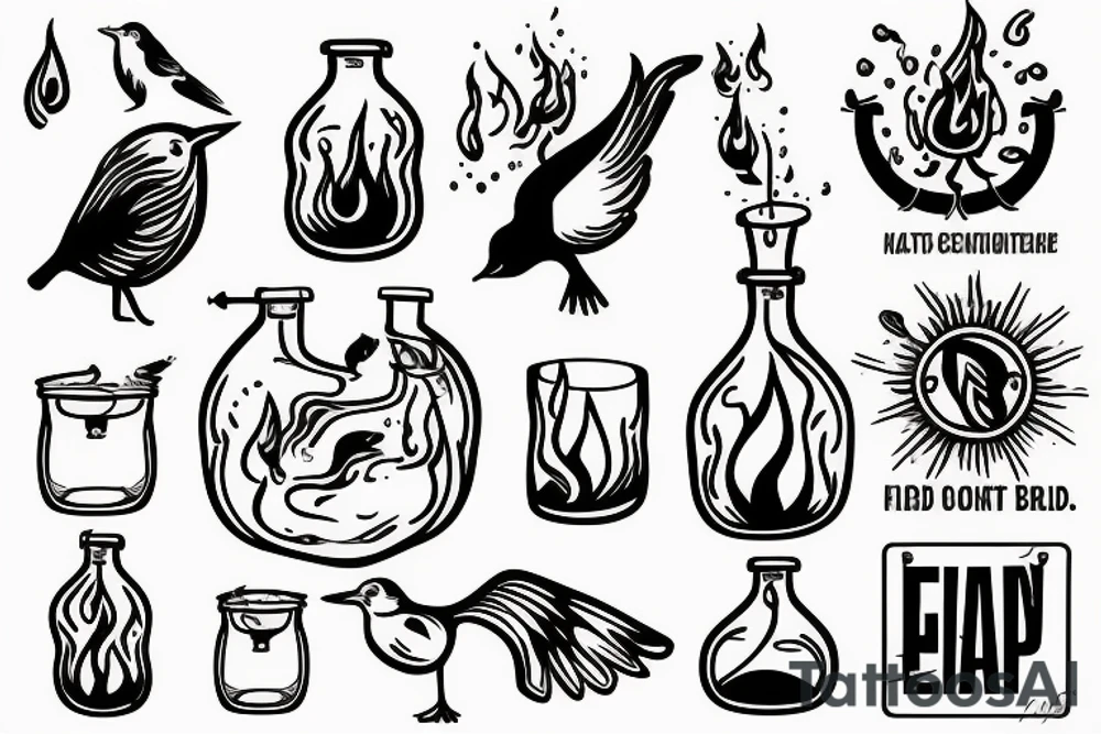 a distillation flask with fire inside and a bird trying to fly out tattoo idea