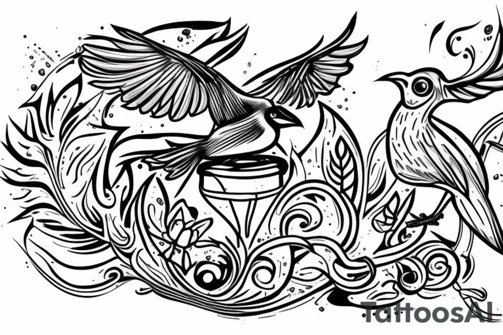 a distillation flask with fire inside and a bird trying to fly out tattoo idea